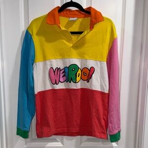 Salem7 Weirdo Colorblock Rugby Long Sleeve Polo Top Shirt - Small